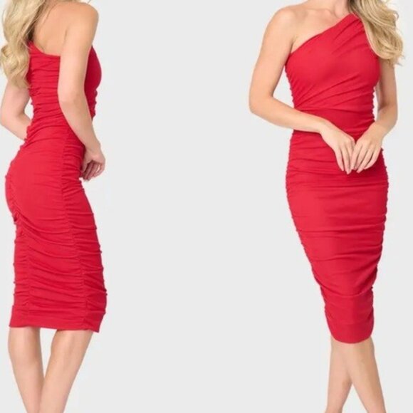 Nordstrom Love X Design One-Shoulder Bodycon Midi Dress Tango Red M NWT - Picture 1 of 12